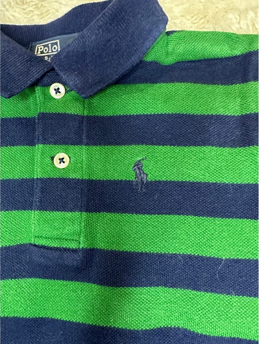 Polo by Ralph Lauren navy green striped rugby-style one-piece/romper 18M preppy